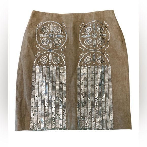 Tory Burch Linen Skirt Women’s Size 6 Sequin Rhinestone Embellished Beige - Picture 1 of 7